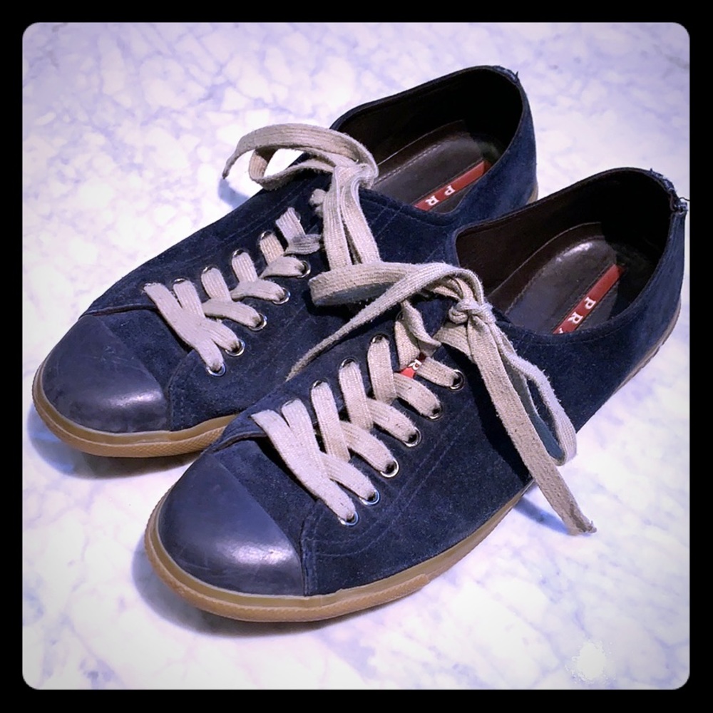 PRADA Lace-up cap-toe Navy Sneakers